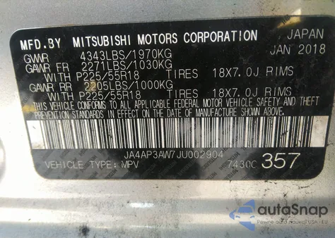 2018 Mitsubishi Outlander Sport 2.4 Se из США, поврежденный, VIN JA4AP3AW7JU002904